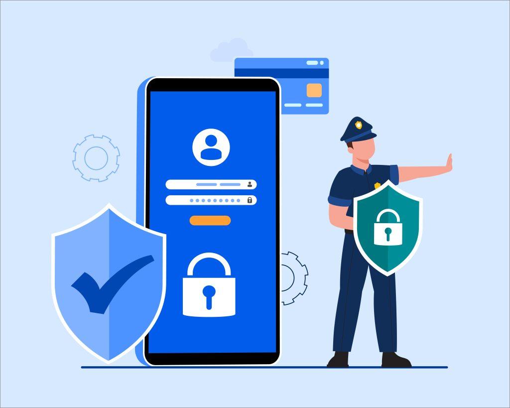 Illustration d'une application mobile sécurisée avec protection par mot de passe et icônes de cybersécurité, représentant la protection des données